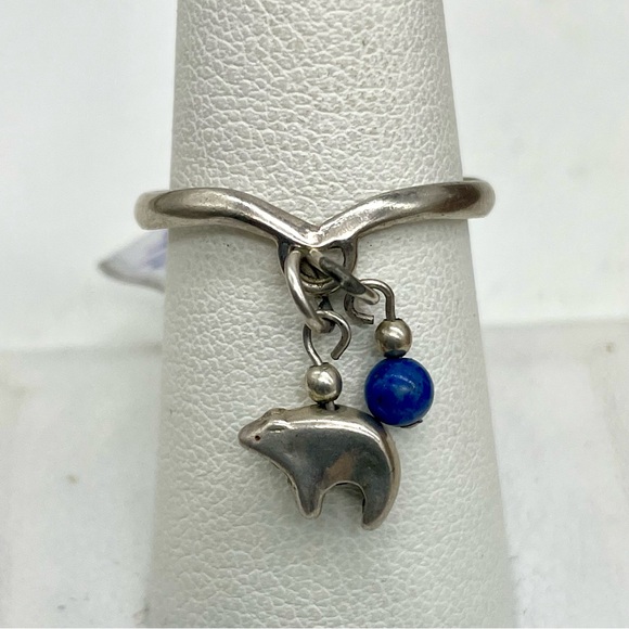 Vtg Dainty 925 Sterling Silver Charm Ring sz 8.75 Native American Lapis Bear - Picture 2 of 6